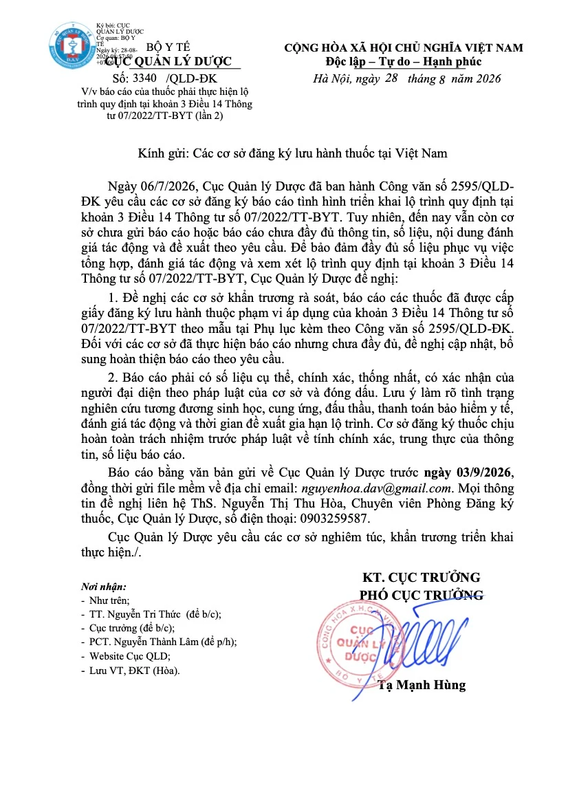 Hình ảnh Công văn số 3340/QLD-ĐK về việc báo cáo của thuốc phải thực hiện lộ trình quy định tại khoản 3 Điều 14 Thông tư 07/2022/TT-BYT (lần 2)