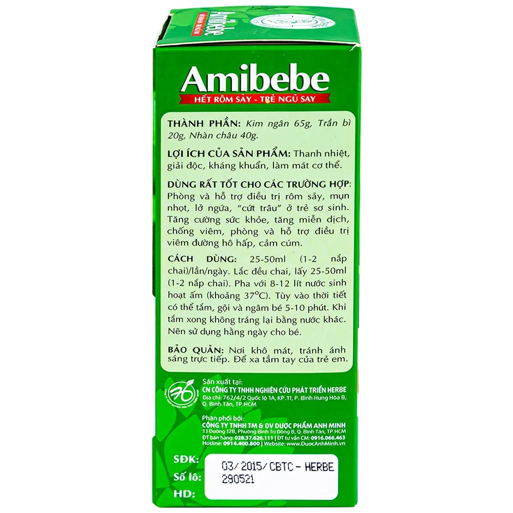 Hình ảnh Nước tắm trẻ em Amibebe Herbe phòng và hỗ trợ điều trị rôm sảy (250ml)