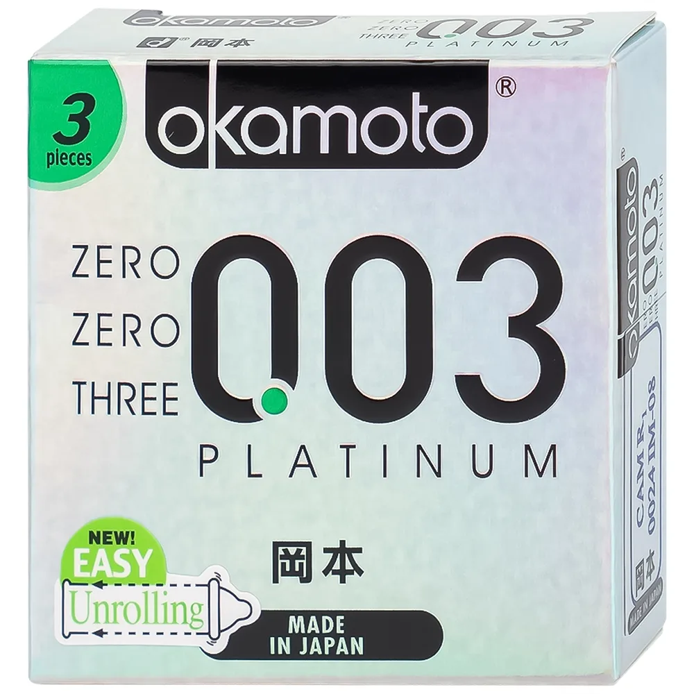 Hình ảnh Bao cao su Okamoto 0.03 Platinum trong suốt, mềm mại, dùng để phòng tránh thai và ngăn ngừa HIV (3 cái)
