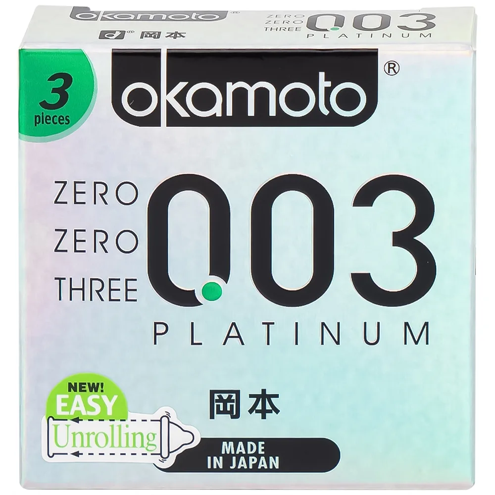 Hình ảnh Bao cao su Okamoto 0.03 Platinum trong suốt, mềm mại, dùng để phòng tránh thai và ngăn ngừa HIV (3 cái)