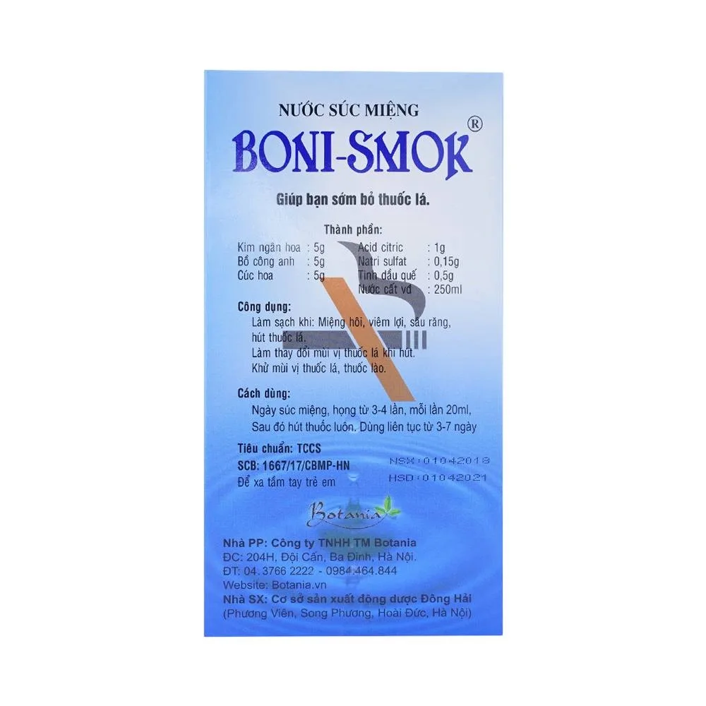 Hình ảnh Nước súc miệng Boni-Smok làm thay đổi mùi vị thuốc lá khi hút, giúp bạn sớm bỏ thuốc lá (250ml)