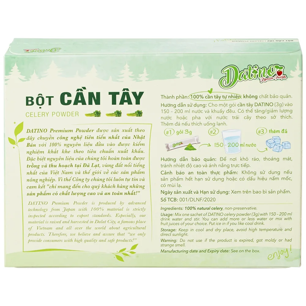 Hình ảnh Bột Cần Tây nguyên chất Datino hỗ trợ giảm cholesterol xấu trong máu (3g x 15 gói)