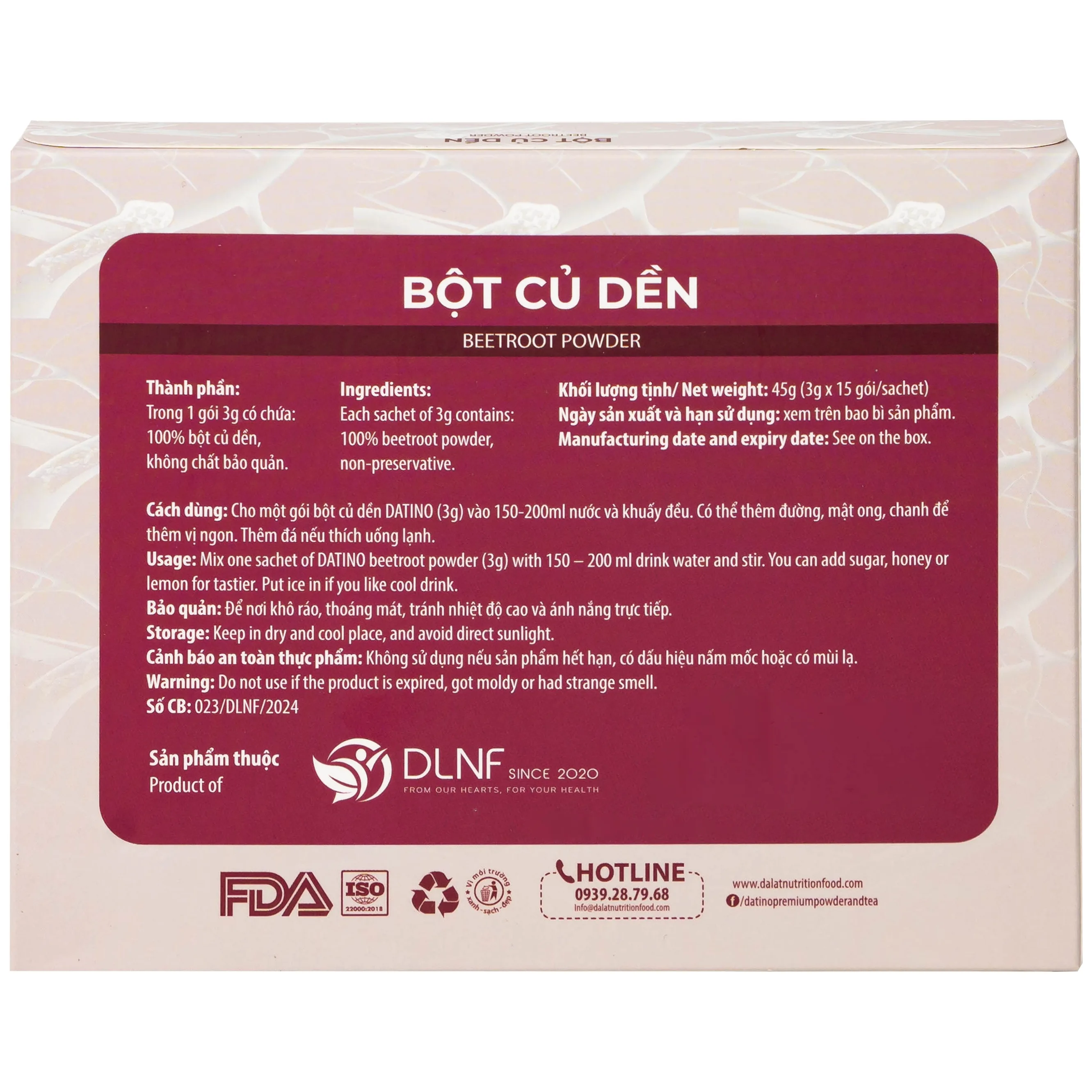Hình ảnh Bột củ dền nguyên chất Datino 3g tác dụng thông tâm, mạnh tỳ, hạ khí, bổ nội tạng