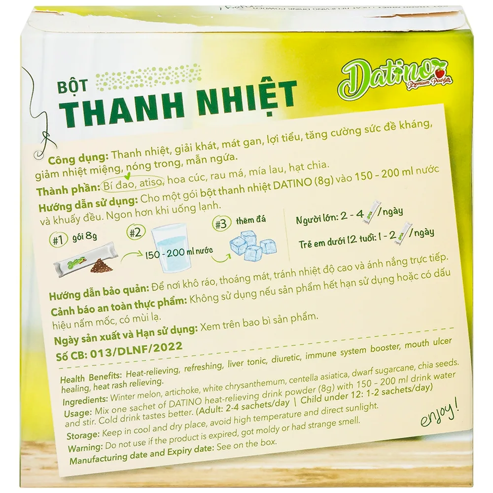 Hình ảnh Bột Thanh Nhiệt Datino mát gan, lợi tiểu, tăng cường sức đề kháng, giảm nhiệt miệng (10 gói)