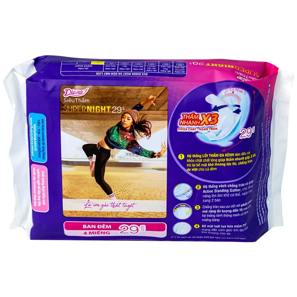 Hình ảnh Băng vệ sinh ban đêm Diana Siêu Thấm Super Night thấm nhanh gấp 3 lần (4 miếng)