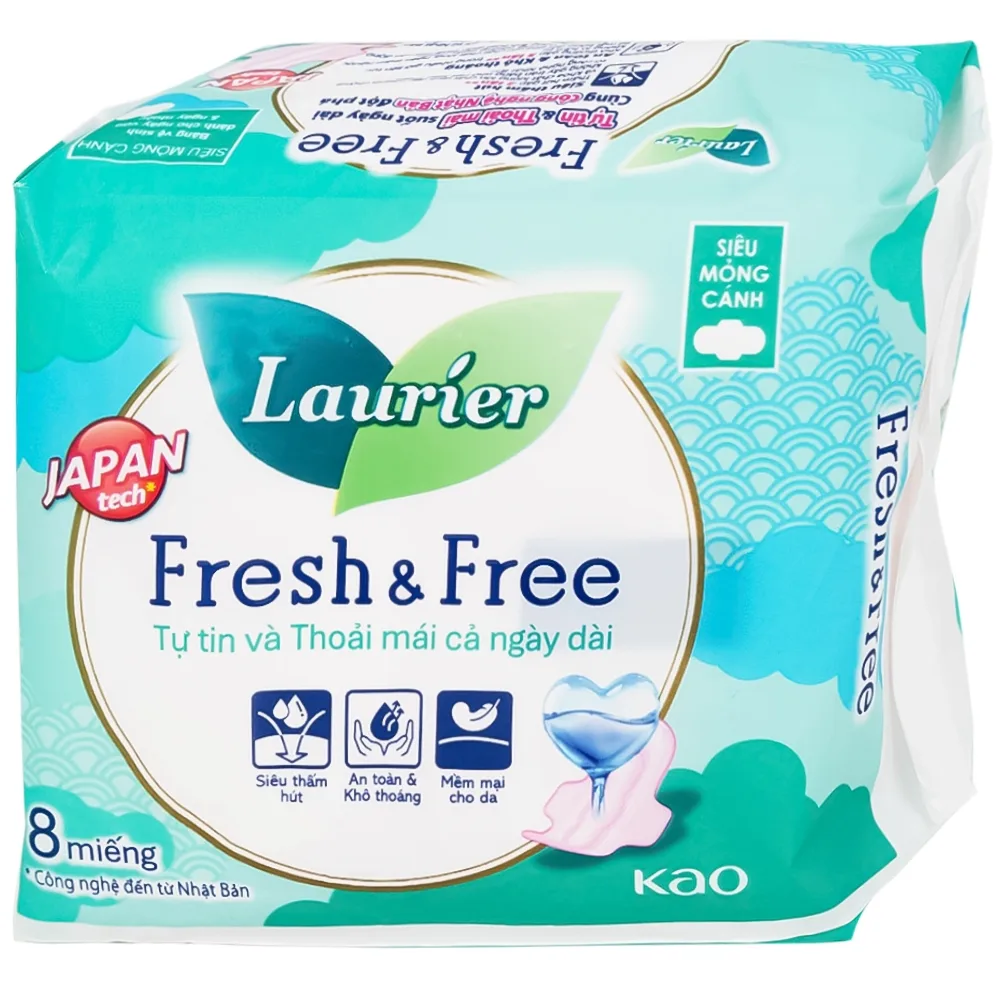 Hình ảnh Băng vệ sinh Laurier Fresh And Free Kao siêu thấm, siêu mỏng cánh (8 miếng)