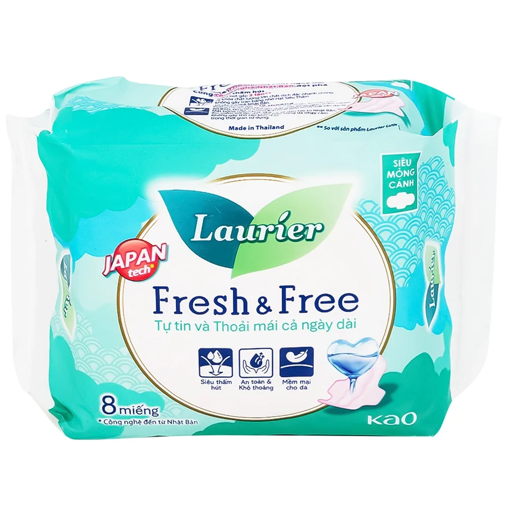 Hình ảnh Băng vệ sinh Laurier Fresh And Free Kao siêu thấm, siêu mỏng cánh (8 miếng)