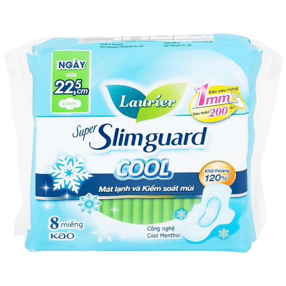 Hình ảnh Băng vệ sinh Laurier Super Slimguard Cool Kao kháng khuẩn 99,99%, ngăn nấm Candida (1mm - 8 miếng)