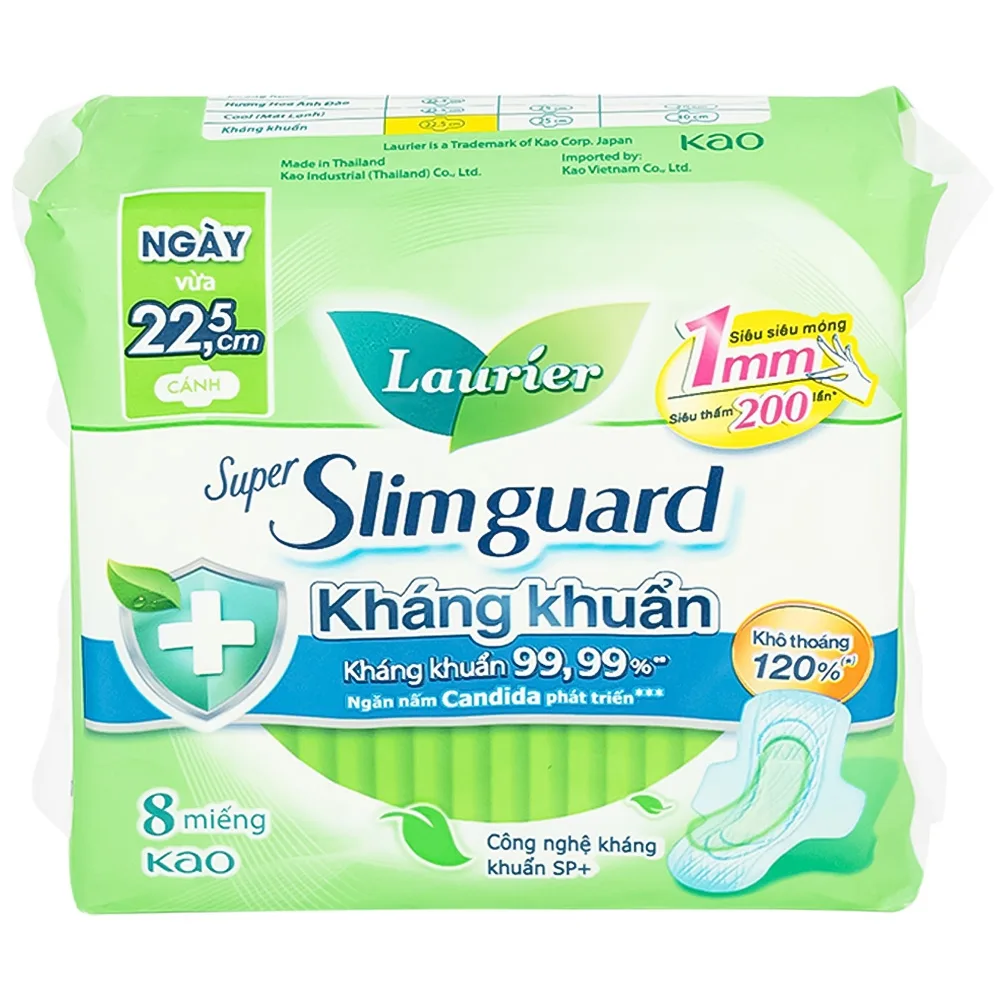 Hình ảnh Băng vệ sinh Laurier Super Slimguard Kao kháng khuẩn 99,99%, ngăn nấm Candida (1mm - 8 miếng)