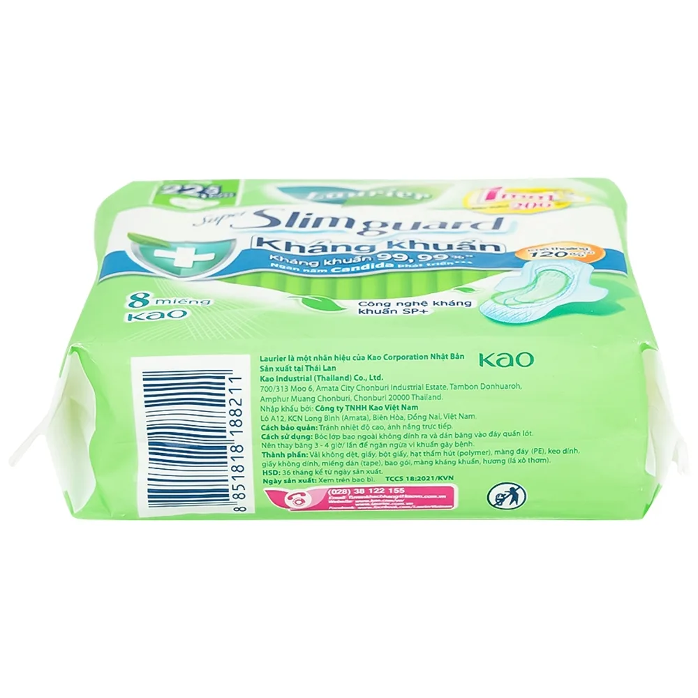 Hình ảnh Băng vệ sinh Laurier Super Slimguard Kao kháng khuẩn 99,99%, ngăn nấm Candida (1mm - 8 miếng)
