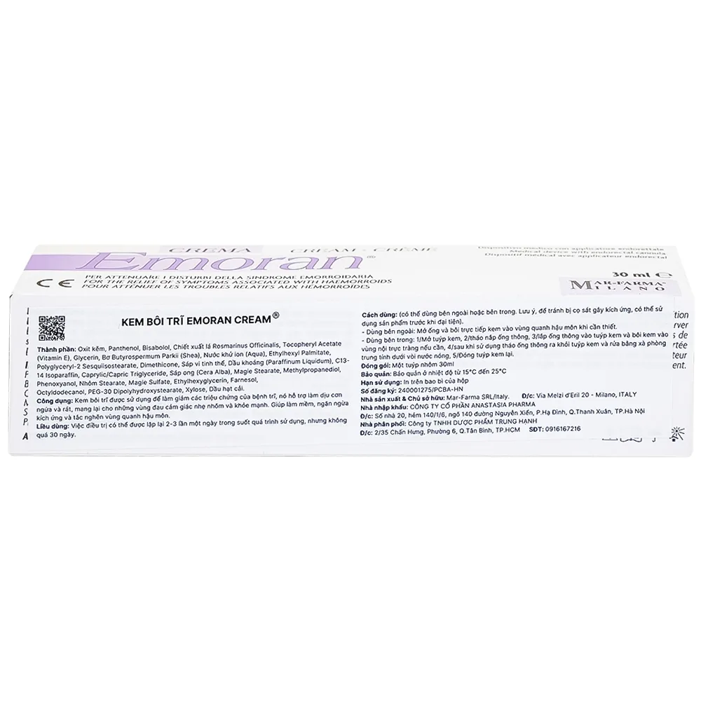 Hình ảnh Kem Emoran Mar-Farma làm giảm các triệu chứng của bệnh trĩ, hỗ trợ làm dịu cơn ngứa và rát (30ml)