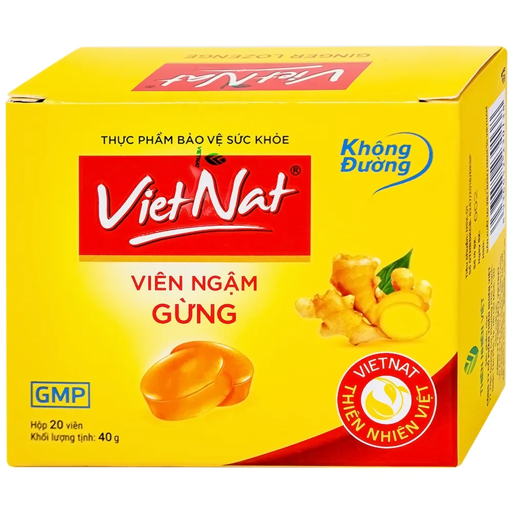 Hình ảnh Viên ngậm gừng không đường VietNat hỗ trợ làm ấm tỳ vị, giảm nôn, ăn không tiêu đầy hơi (5 vỉ x 4 viên)