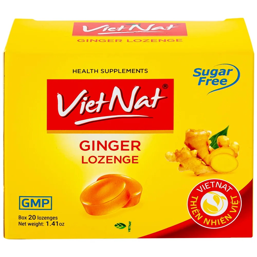 Hình ảnh Viên ngậm gừng không đường VietNat hỗ trợ làm ấm tỳ vị, giảm nôn, ăn không tiêu đầy hơi (5 vỉ x 4 viên)