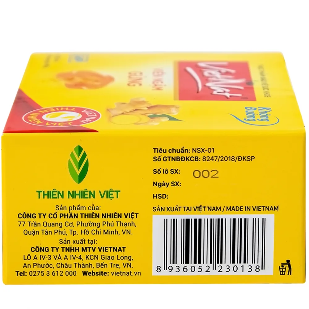 Hình ảnh Viên ngậm gừng không đường VietNat hỗ trợ làm ấm tỳ vị, giảm nôn, ăn không tiêu đầy hơi (5 vỉ x 4 viên)