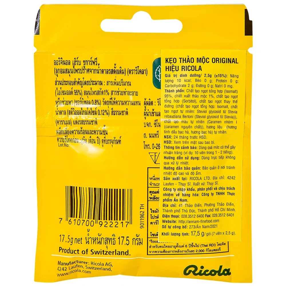 Hình ảnh Kẹo ngậm không đường Ricola Original Herb giảm ho, thông cổ mát họng, giảm viêm họng (17.5g)