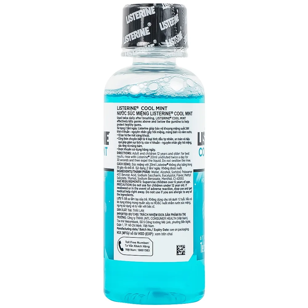 Hình ảnh Nước súc miệng Listerine Cool Mint bảo vệ khoang miệng suốt 24h khỏi vi khuẩn hôi miệng, mảng bám, viêm mướu (100ml)