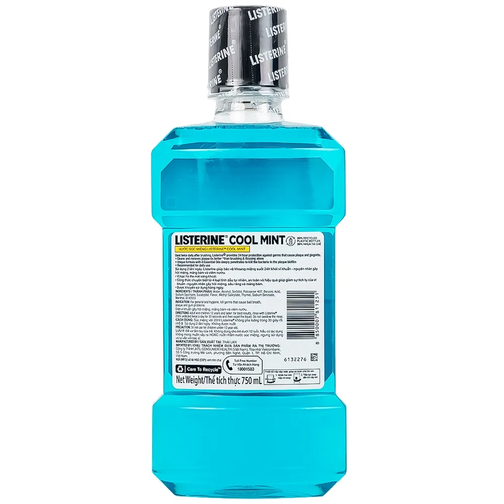 Hình ảnh Nước súc miệng Listerine Cool Mint bảo vệ khoang miệng suốt 24h khỏi vi khuẩn hôi miệng, mảng bám, viêm nướu (750ml)