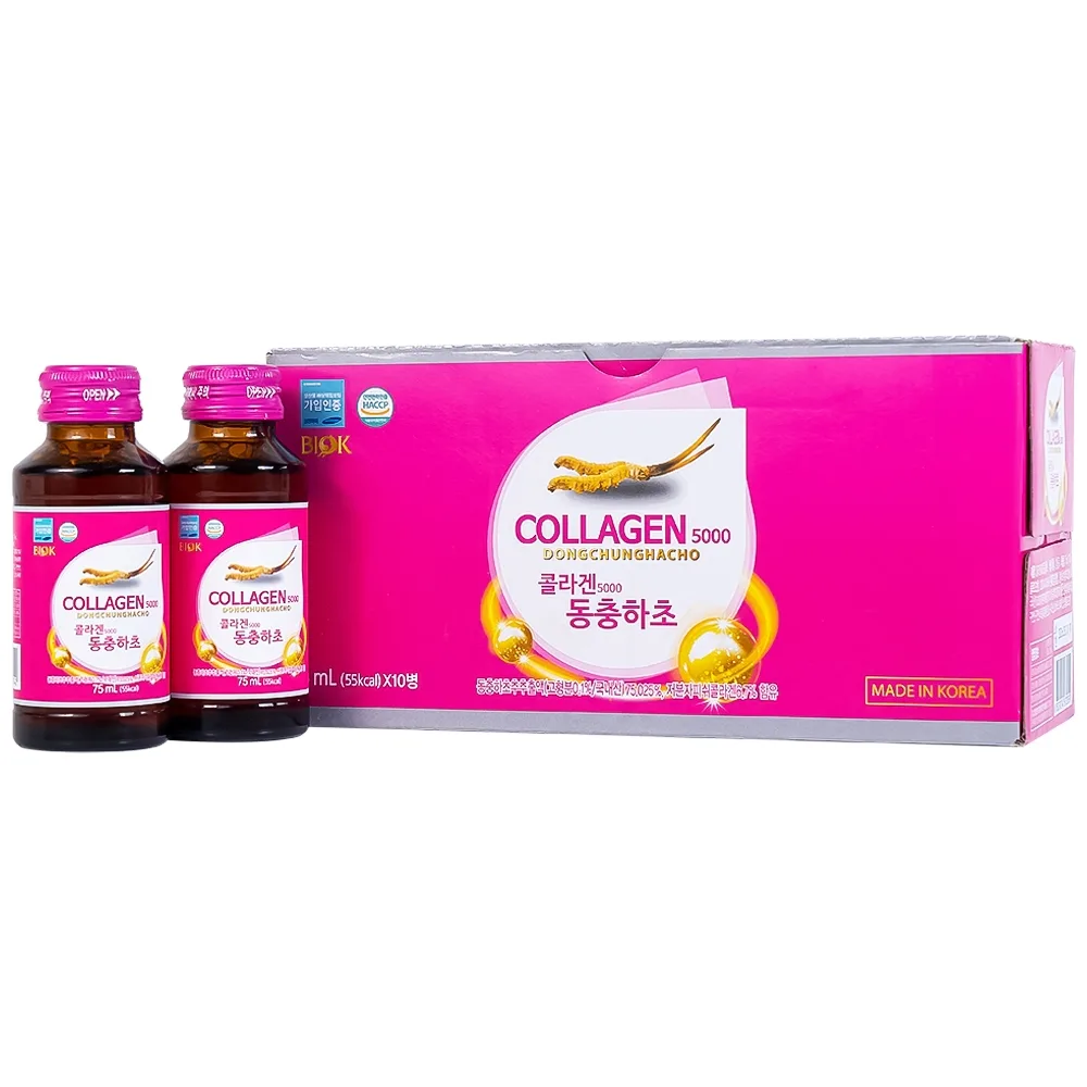 Hình ảnh Nước Collagen5000 Đông Trùng Hạ Thảo Biok hỗ trợ ngăn ngừa quá trình lão hóa, tăng cường đề kháng (10 chai x 75ml)