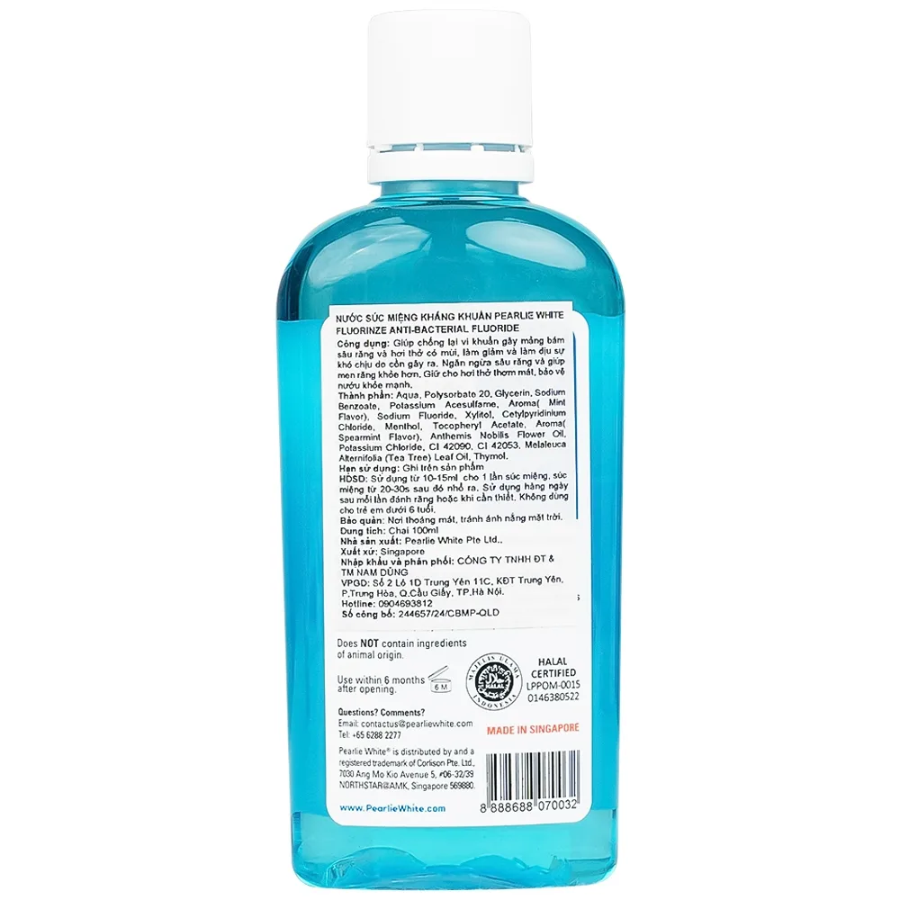Hình ảnh Nước súc miệng Pearlie White Fluorinze Anti-bacterial Fluoride 100ml không cồn, chống mảng bám