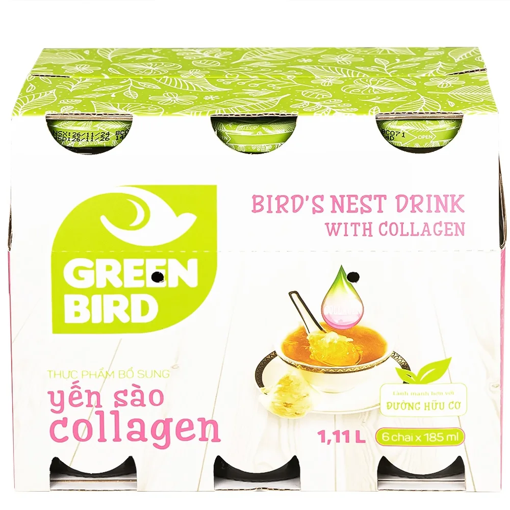 Hình ảnh Nước yến sào Collagen Greenbird giúp bổ sung năng lượng, dưỡng chất từ yến sào và collagen (6 chai x 185ml)