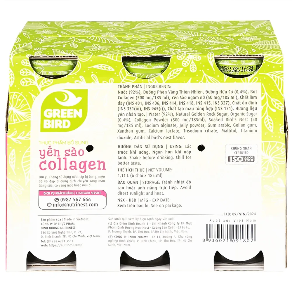 Hình ảnh Nước yến sào Collagen Greenbird giúp bổ sung năng lượng, dưỡng chất từ yến sào và collagen (6 chai x 185ml)
