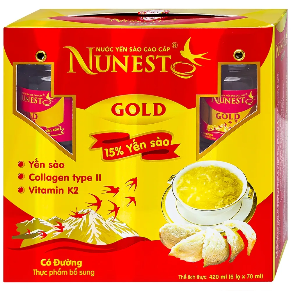 Hình ảnh Nước Yến Sào cao cấp Nunest Gold 15% có đường, bồi bổ sức khỏe và đẩy lùi lão hóa (6 hũ x 70ml)