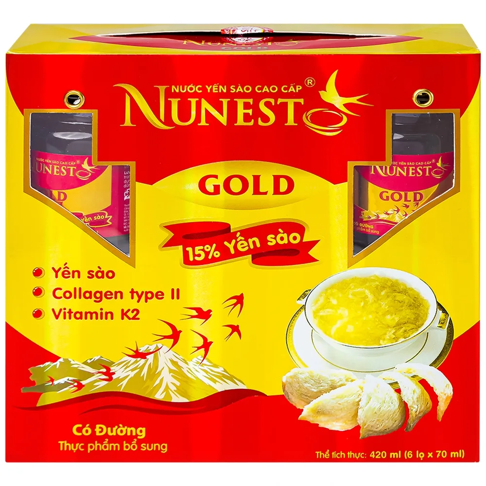 Hình ảnh Nước Yến Sào cao cấp Nunest Gold 15% có đường, bồi bổ sức khỏe và đẩy lùi lão hóa (6 hũ x 70ml)