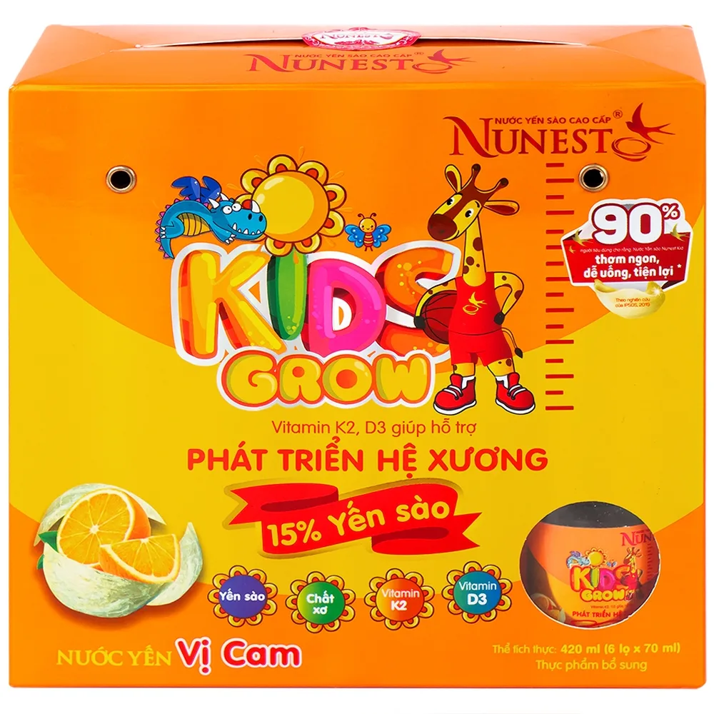 Hình ảnh Nước yến sào cao cấp Nunest Kid Grow vị cam hỗ trợ phát triển hệ xương, tăng cường sức khỏe (6 lọ x 70ml)