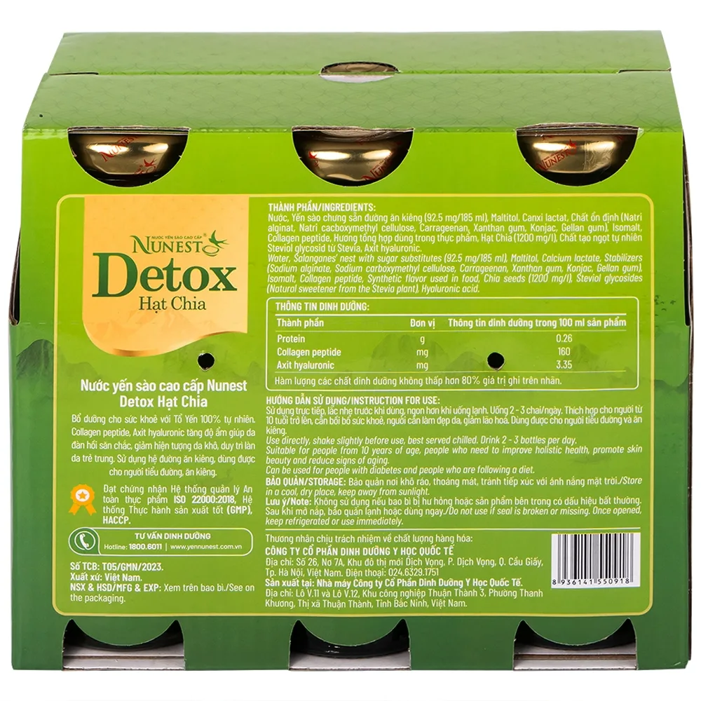 Hình ảnh Nước Yến Sào Cao Cấp Nunest Detox hạt chia bổ dưỡng, sáng da (6 Chai x 185ml)