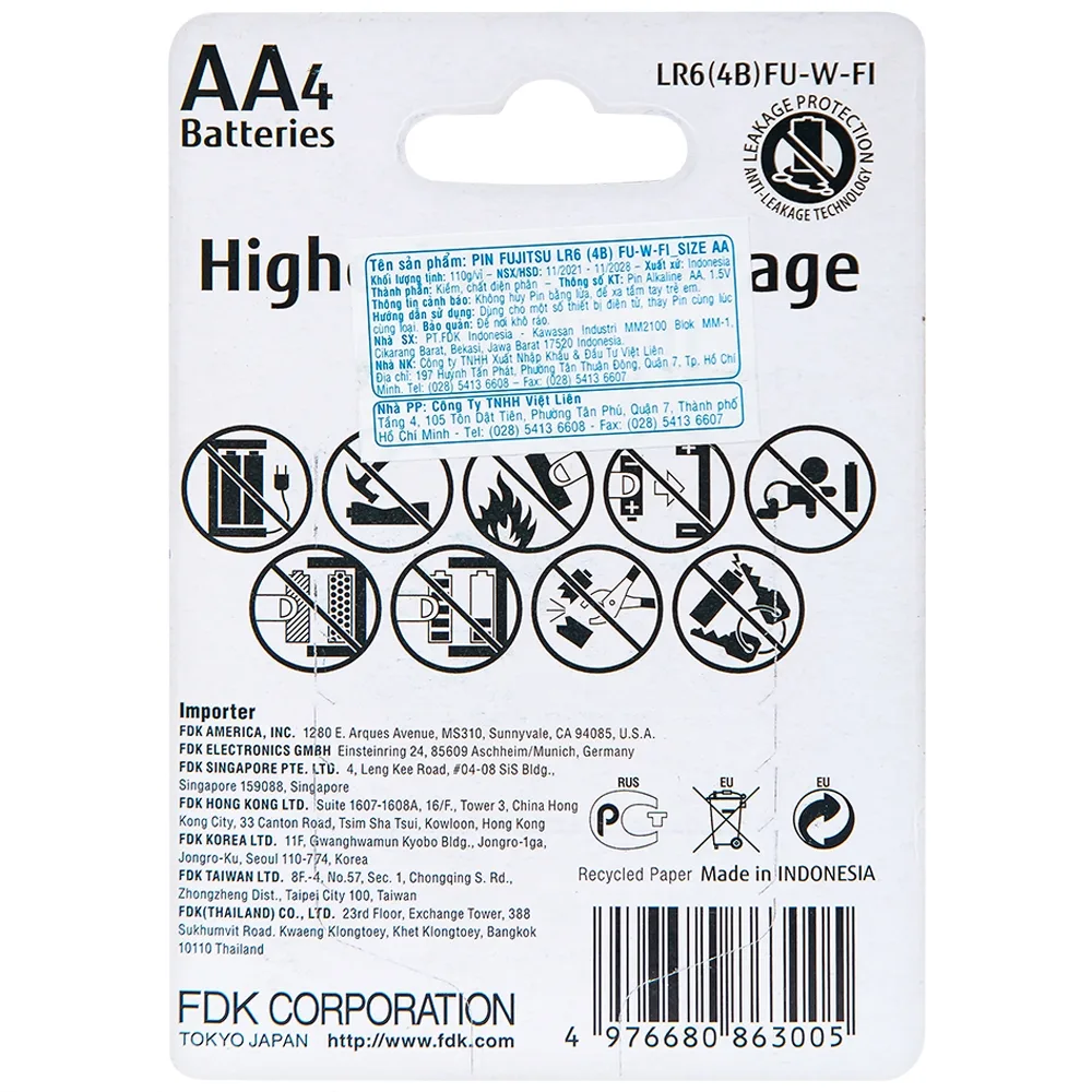 Hình ảnh Pin Fujitsu Alkaline LR6 (4B) FU-W-FI - AA (Vỉ 4 cục)