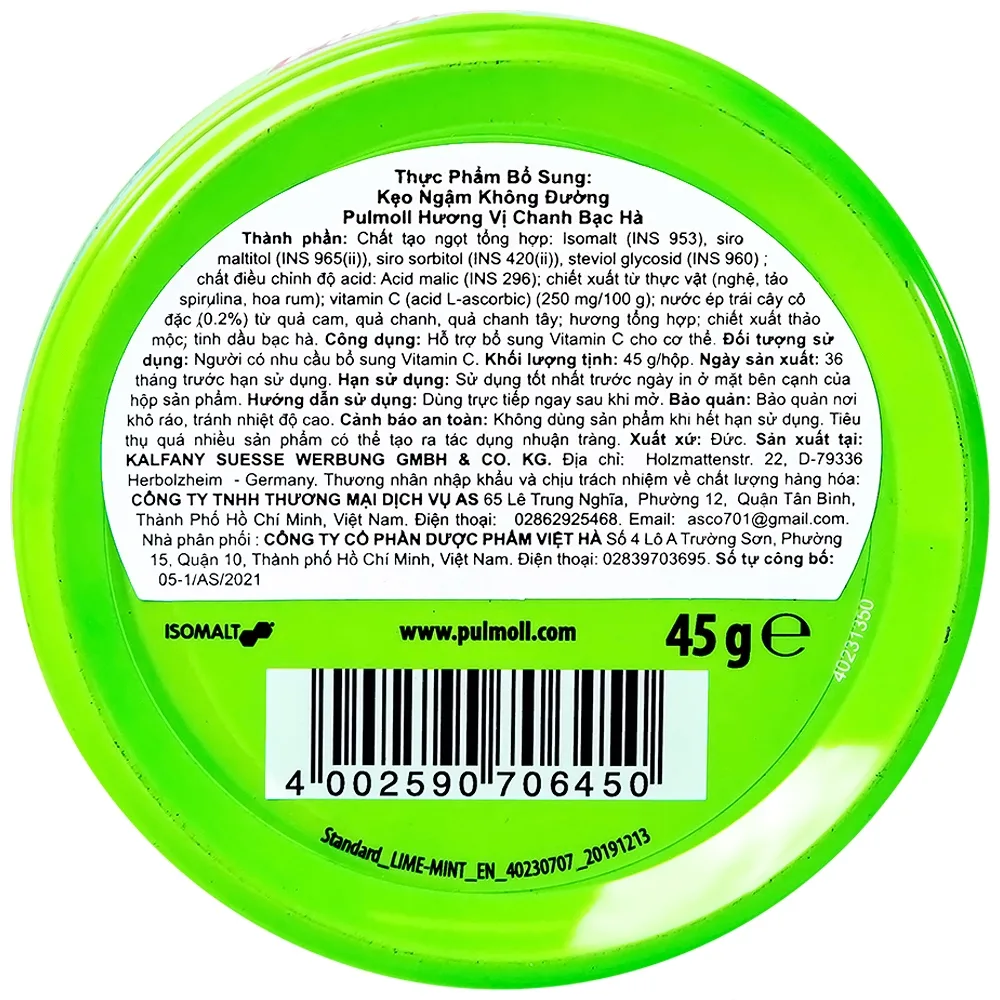 Hình ảnh Kẹo ngậm không đường Pulmoll Lime Mint vị chanh bạc hà hỗ trợ bổ sung vitamin C cho cơ thể (45g)