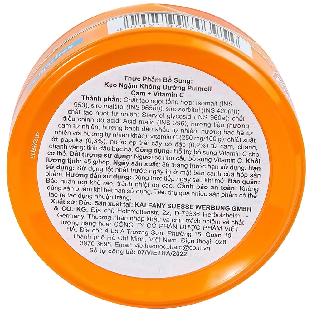 Hình ảnh Kẹo ngậm không đường Pulmoll vị cam và Vitamin C bổ sung vitamin, làm dịu họng và giảm ho (45g)