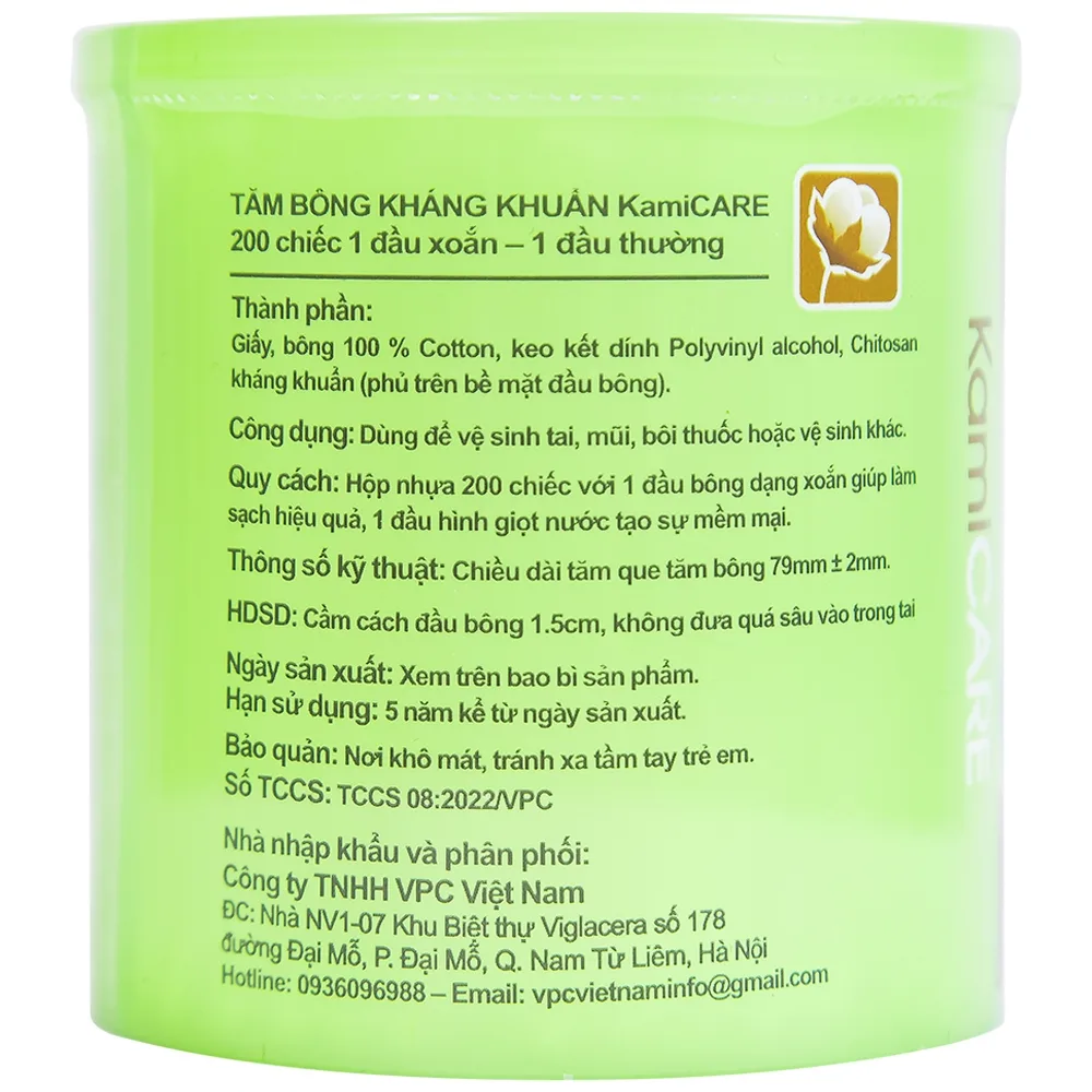 Hình ảnh Tăm bông kháng khuẩn KamiCare vệ sinh tai, mũi (200 que)