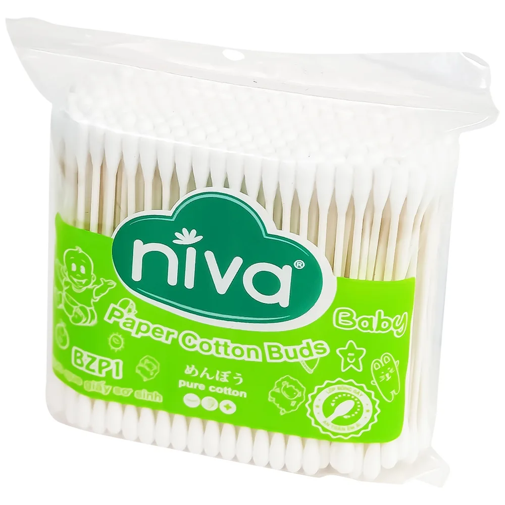Hình ảnh Tăm bông thân giấy Niva Baby BZP1 2 đầu tròn túi Zip vệ sinh tai, mũi, vệ sinh cá nhân cho trẻ em (200 que)
