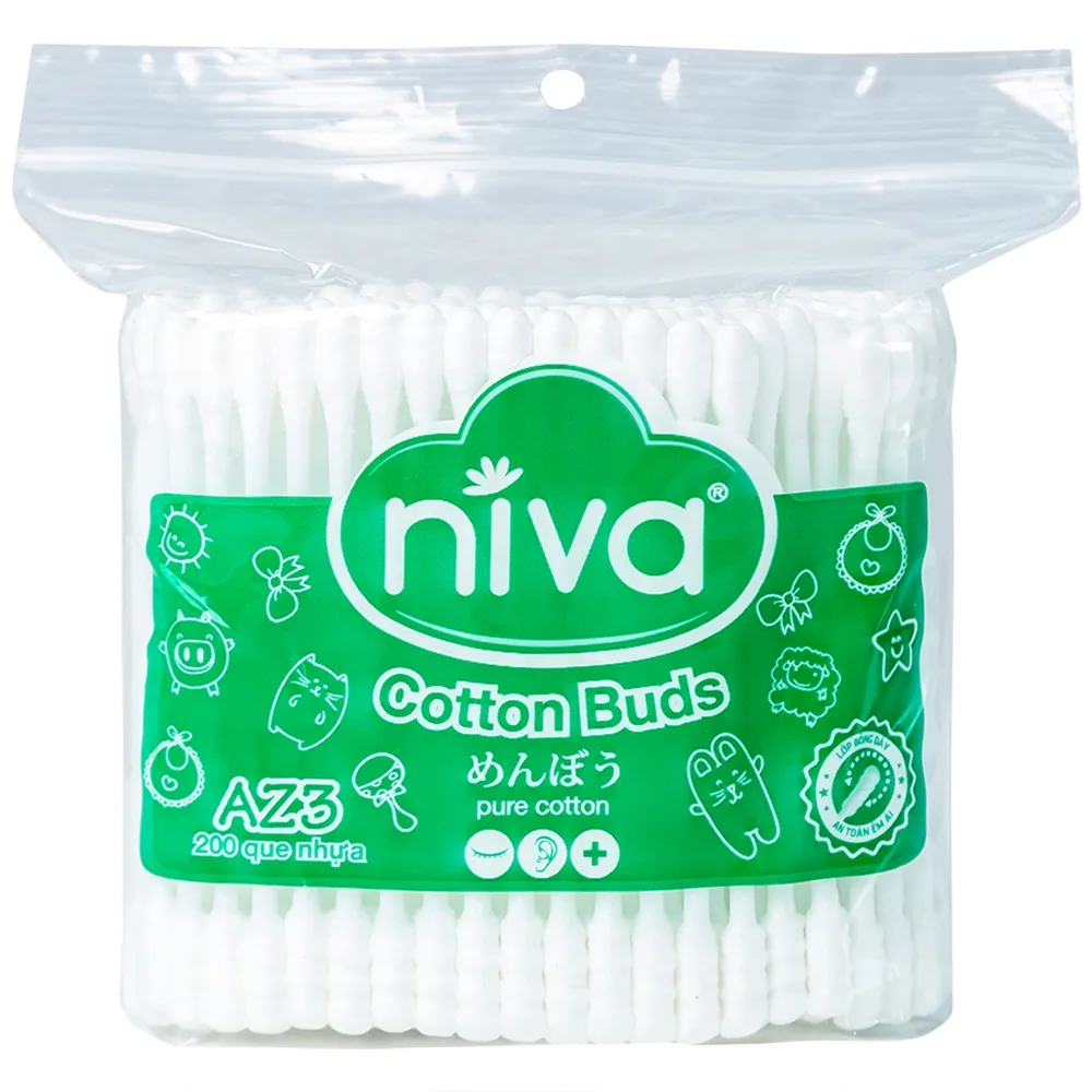 Hình ảnh Tăm bông thân nhựa Niva AZ3 túi zip 1 đầu tròn 1 đầu xoắn vệ sinh tai, mũi, vết thương (200 que)