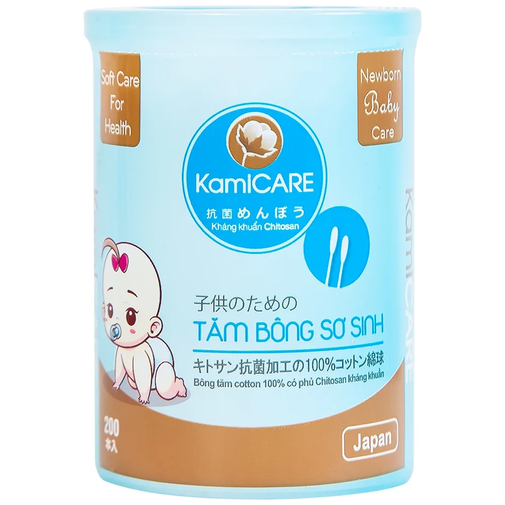 Hình ảnh Tăm bông kháng khuẩn KamiCare hộp tròn dành cho trẻ em từ sơ sinh (200 que)
