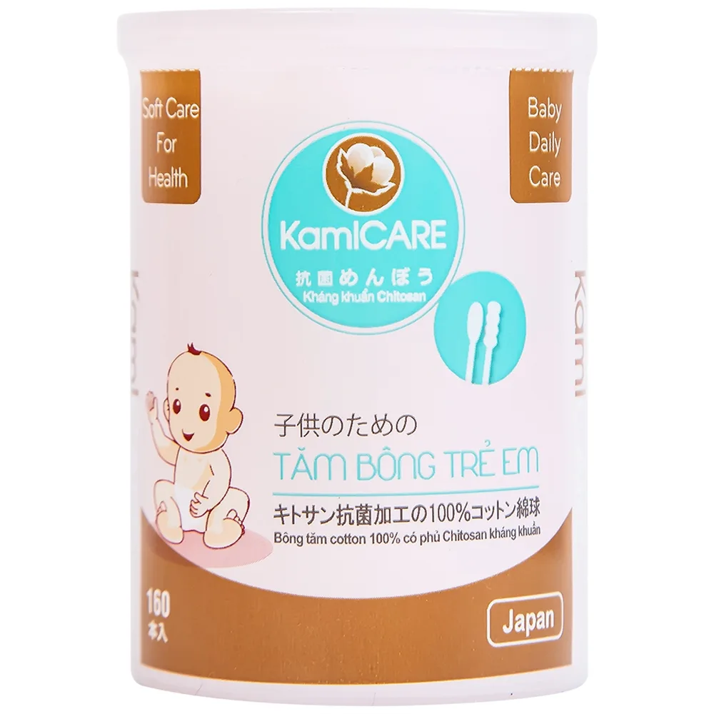 Hình ảnh Tăm bông kháng khuẩn KamiCare dành cho trẻ em 1 đầu xoắn 1 đầu thường vệ sinh tai, mũi (160 chiếc)