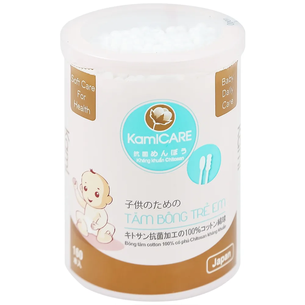 Hình ảnh Tăm bông kháng khuẩn KamiCare dành cho trẻ em 1 đầu xoắn 1 đầu thường vệ sinh tai, mũi (160 chiếc)