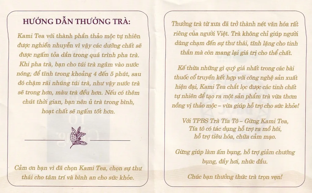 Hình ảnh Trà Tía Tô – Gừng Kami Tea hỗ trợ tiêu hoá, chữa cảm mạo, nhức đầu, bụng dầy trướng (20 túi)