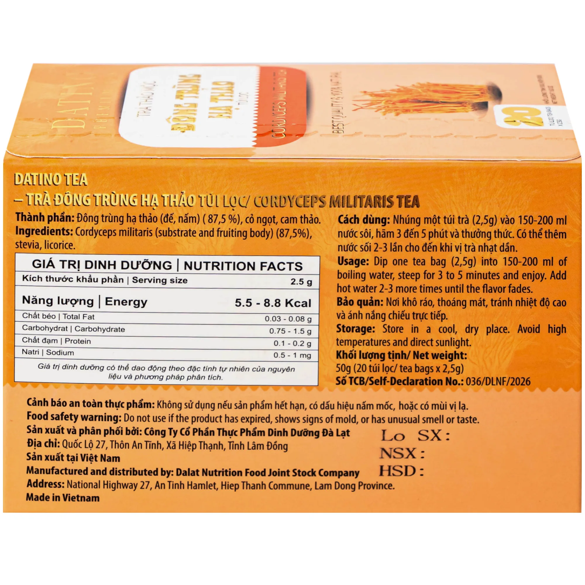 Hình ảnh Trà thảo mộc đông trùng hạ thảo túi lọc Datino premium tea (20 túi x 2,5g)