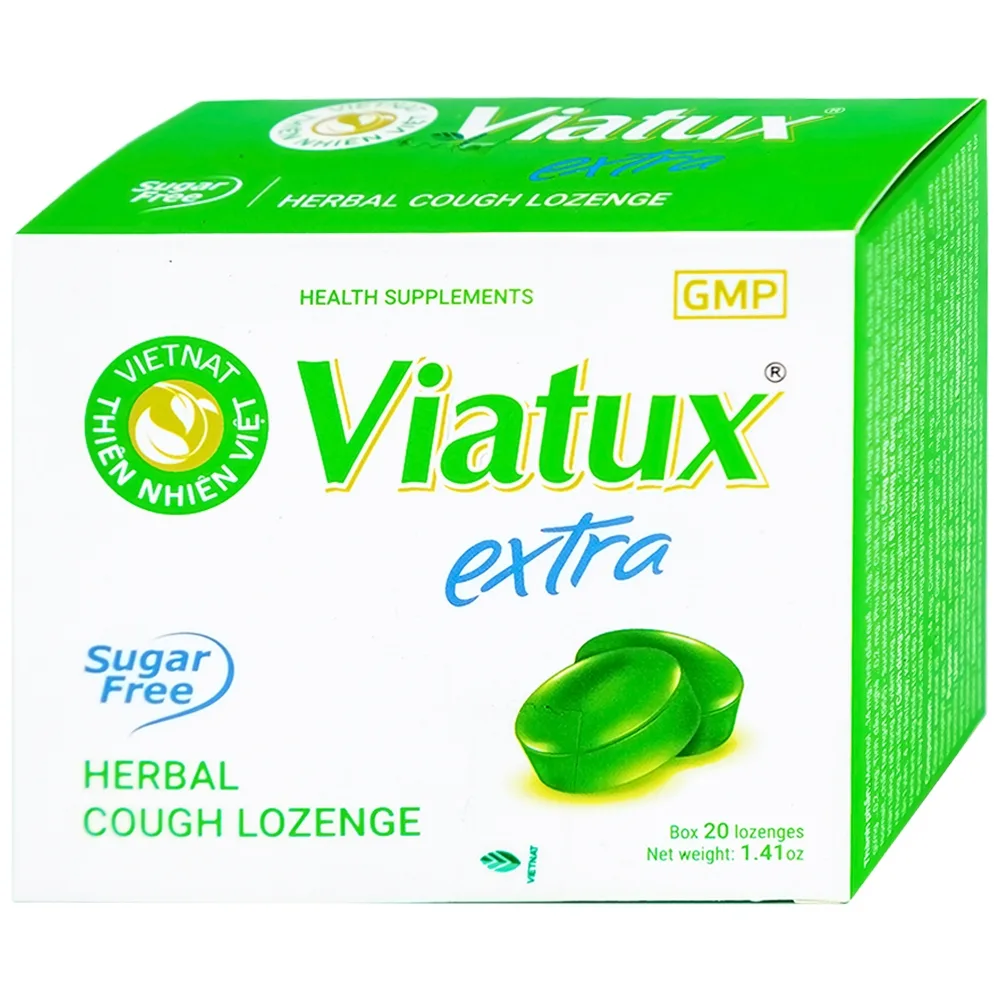 Hình ảnh Viên ngậm ho thảo mộc không đường Viatux Extra hỗ trợ giảm ho, rát họng, khàn tiếng (5 vỉ x 4 viên)