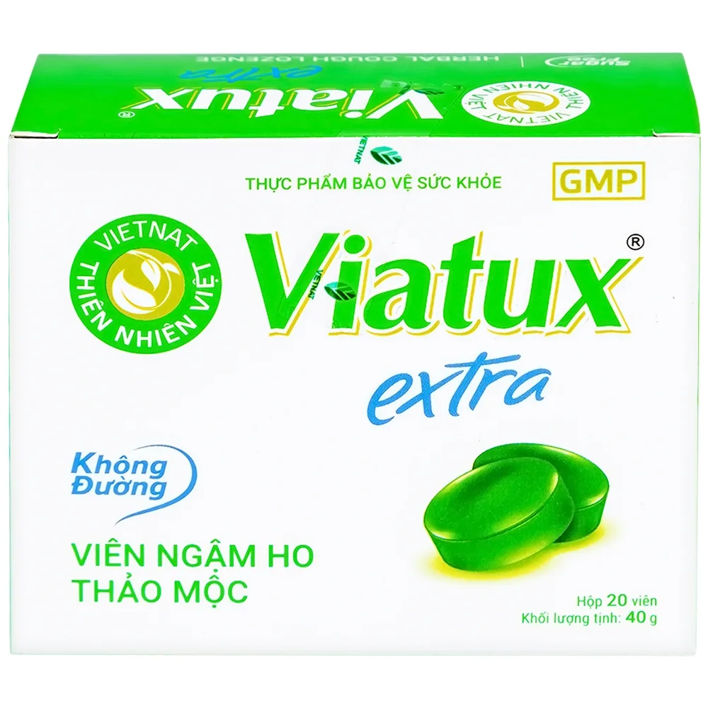 Hình ảnh Viên ngậm ho thảo mộc không đường Viatux Extra hỗ trợ giảm ho, rát họng, khàn tiếng (5 vỉ x 4 viên)