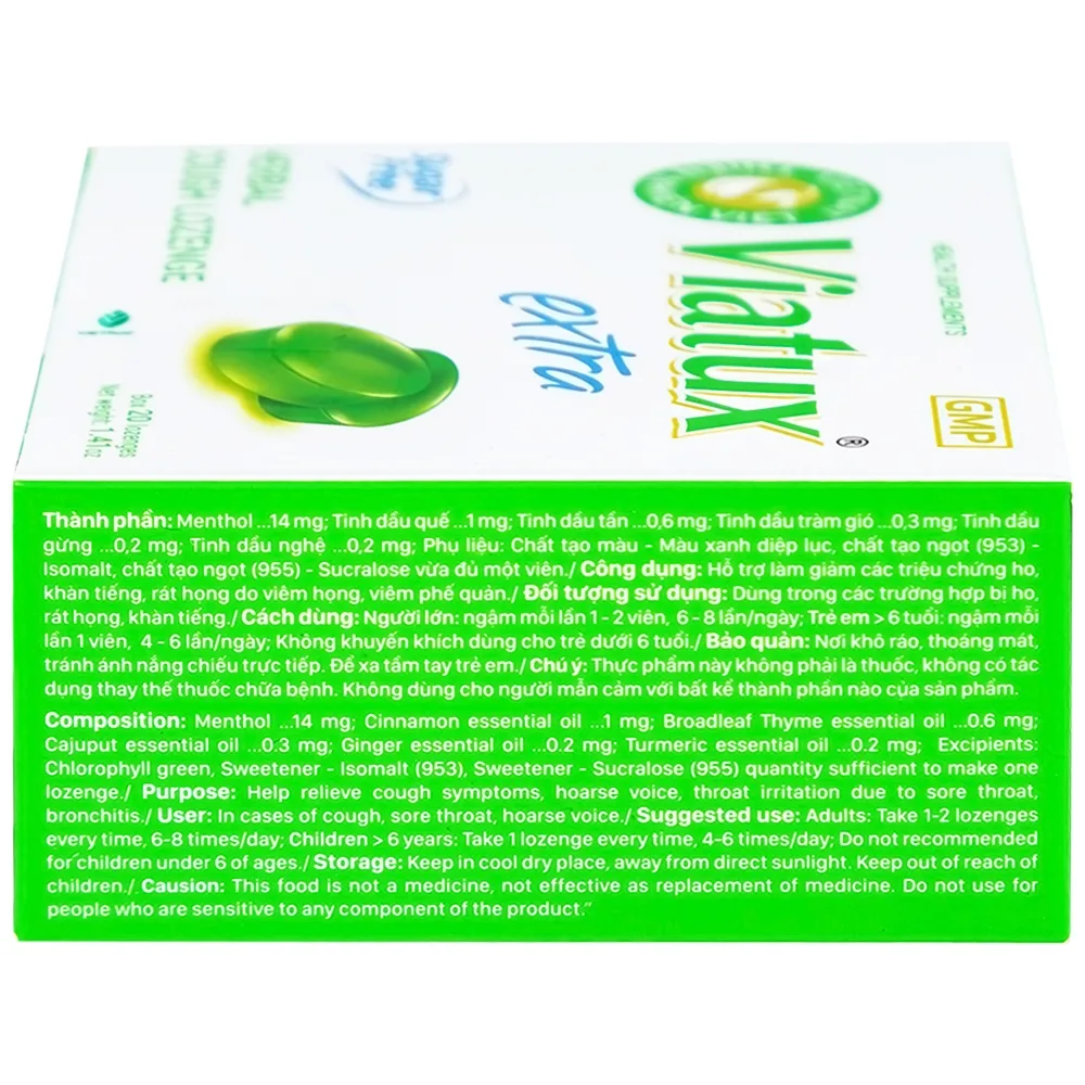 Hình ảnh Viên ngậm ho thảo mộc không đường Viatux Extra hỗ trợ giảm ho, rát họng, khàn tiếng (5 vỉ x 4 viên)
