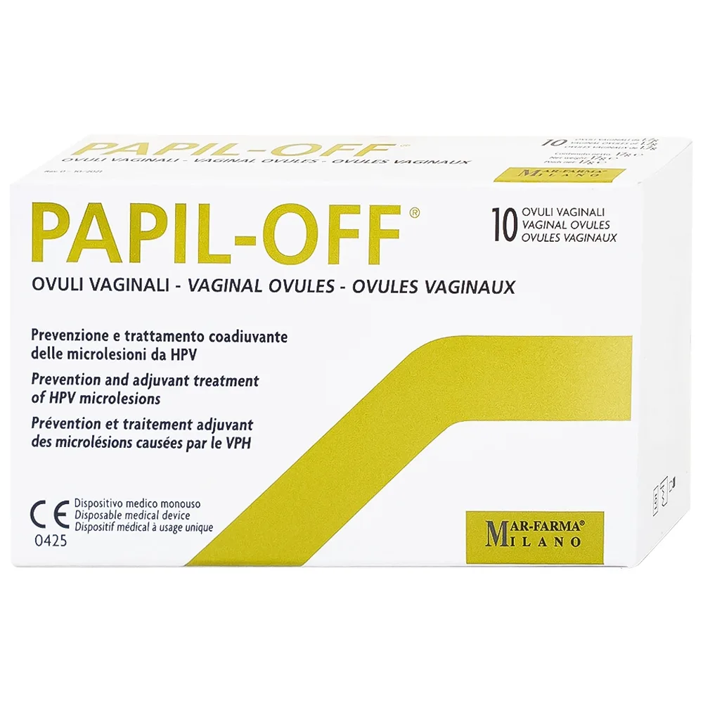 Hình ảnh Viên đặt âm đạo Papil-Off Mar-Farma giúp phòng ngừa và hỗ trợ điều trị các tổn thương do HPV (2 vỉ x 5 viên)