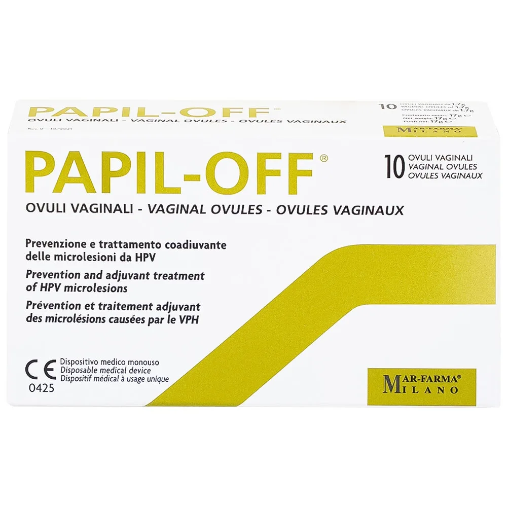 Hình ảnh Viên đặt âm đạo Papil-Off Mar-Farma giúp phòng ngừa và hỗ trợ điều trị các tổn thương do HPV (2 vỉ x 5 viên)