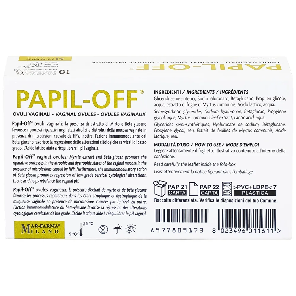 Hình ảnh Viên đặt âm đạo Papil-Off Mar-Farma giúp phòng ngừa và hỗ trợ điều trị các tổn thương do HPV (2 vỉ x 5 viên)