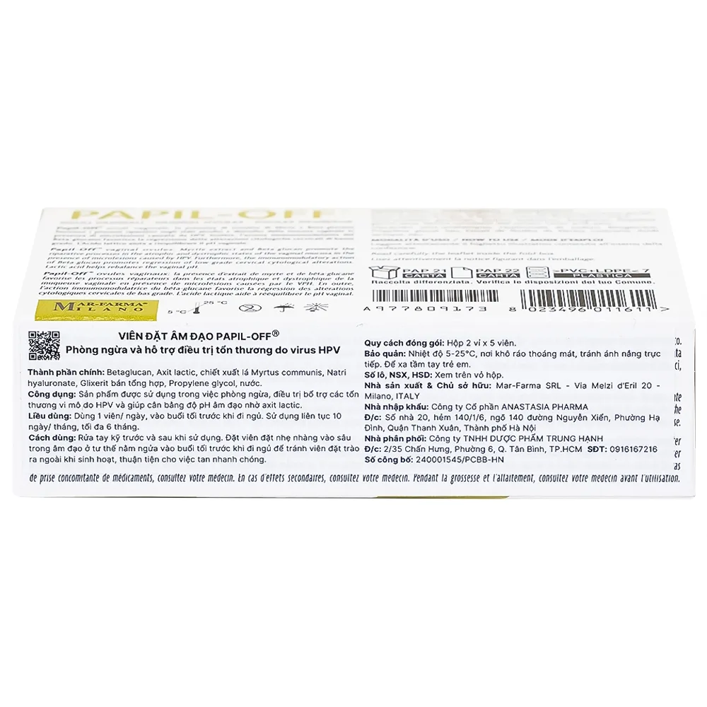 Hình ảnh Viên đặt âm đạo Papil-Off Mar-Farma giúp phòng ngừa và hỗ trợ điều trị các tổn thương do HPV (2 vỉ x 5 viên)