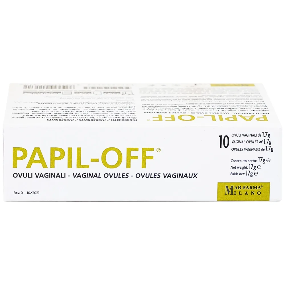 Hình ảnh Viên đặt âm đạo Papil-Off Mar-Farma giúp phòng ngừa và hỗ trợ điều trị các tổn thương do HPV (2 vỉ x 5 viên)