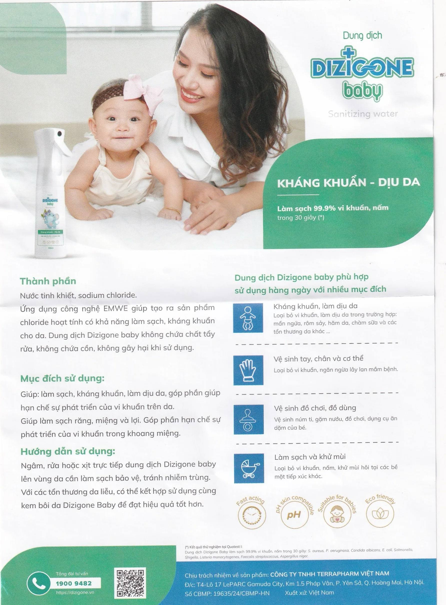 Hình ảnh Dung dịch Dizigone Baby Sanitizing Water Terrapharm giúp làm sạch, kháng khuẩn, làm dịu da (300ml)