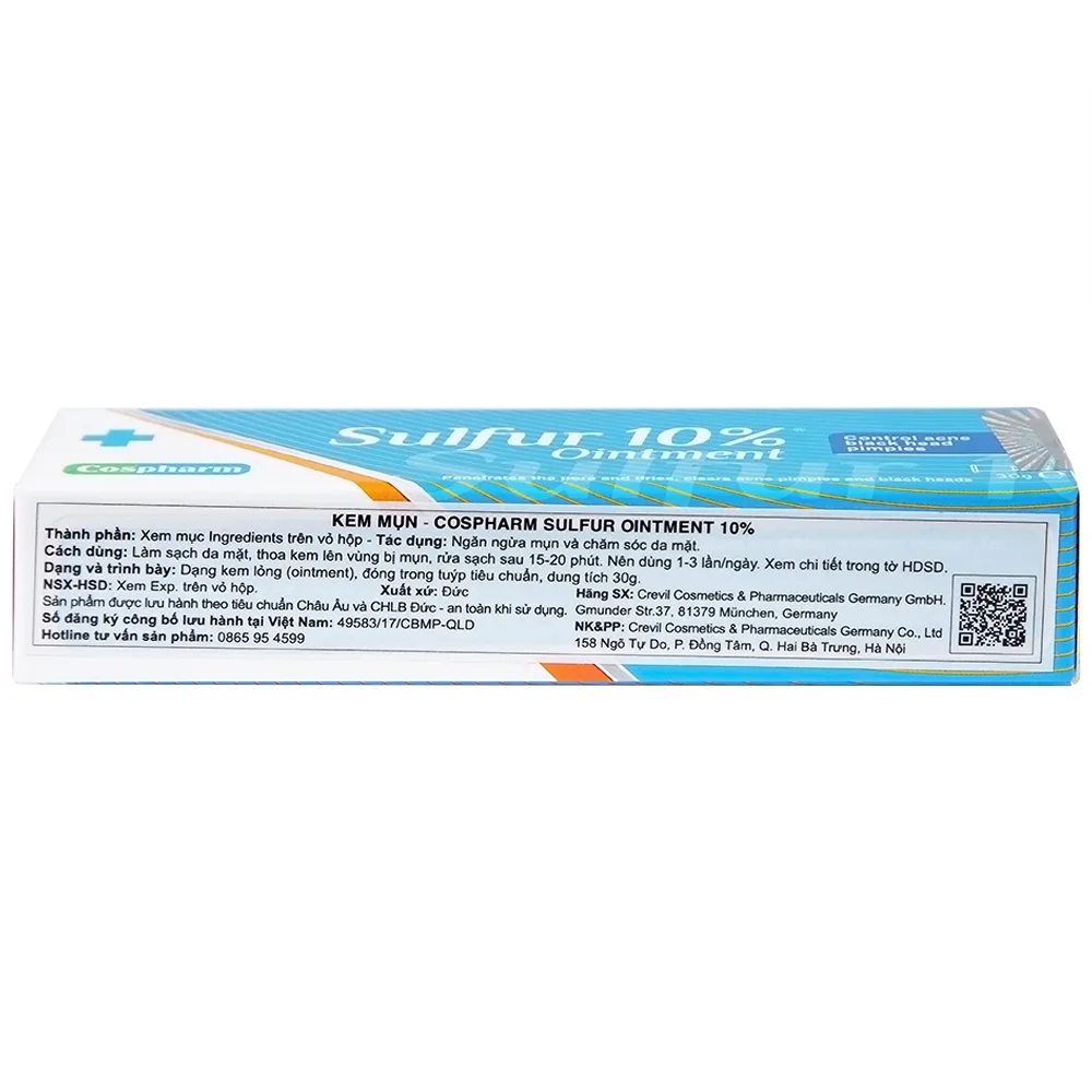 Hình ảnh Kem mụn Sulfur 10% Ointment Cospharm ngăn ngừa mụn và chăm sóc da mặt (30g)